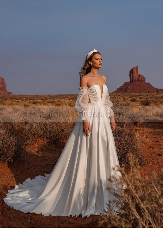 Strapless Ivory Pleated Satin Chic Wedding Dress